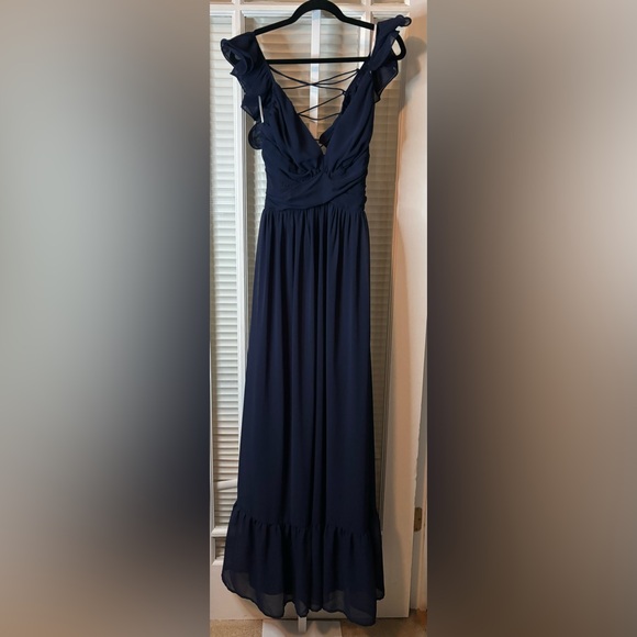 Lulu’s Navy Blue Lace Up Ruffle Maxi Dress-Size Medium - Picture 7 of 12